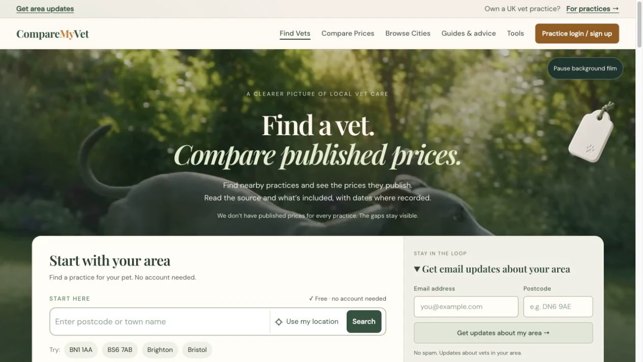 CompareMyVet website homepage